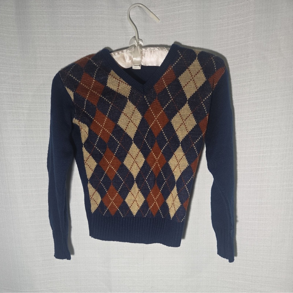 Vintage Boys M Holiday Sweater Navy Blue With Brown Tan Design